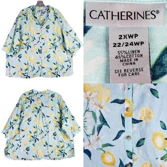 Catherines Shirt Womens Size 2X 22/24 Lemons Linen 3/4 Sleeve Button Up Teal - Picture 1 of 8